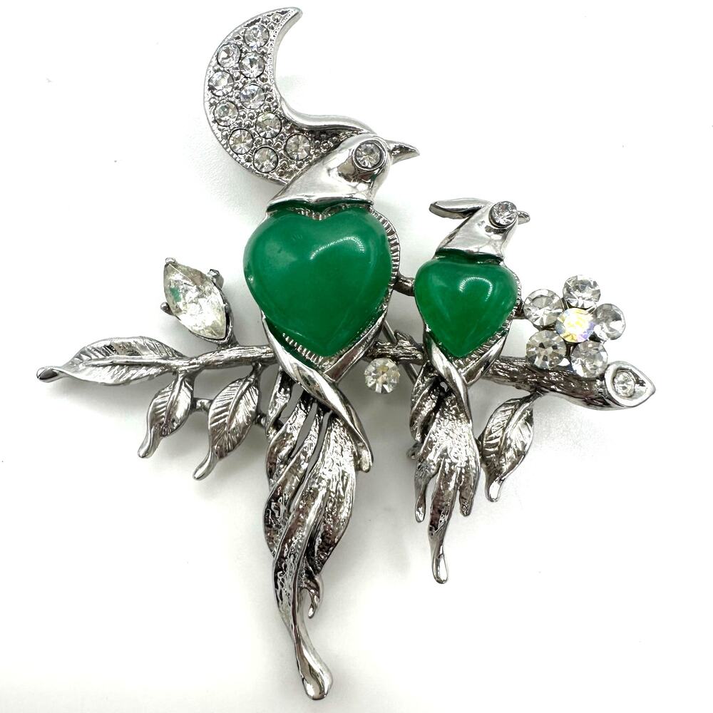 Silver tone genuine green jade jadeite rhinestones birds figural pin brooch